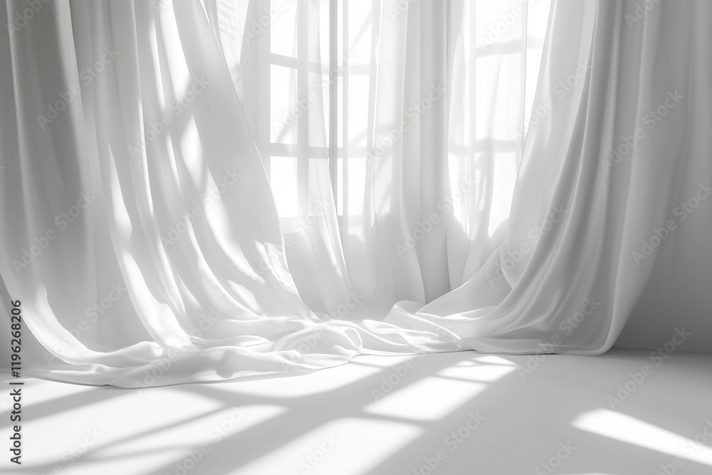 Poster sunlight illuminates sheer white curtains draped elegantly in a room, creating soft shadows on the f