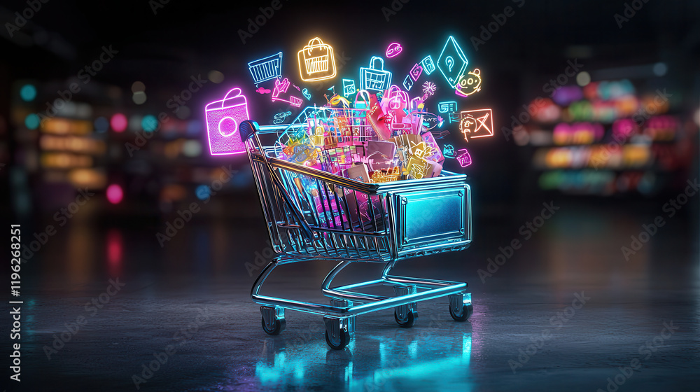 Poster futuristic shopping display features glowing cart filled with vibrant products and digital icons, cr