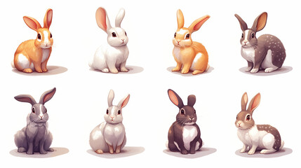 Fototapeta premium Rabbit icons, emoji style. exquisite illustration of diverse rabbit breeds with lifelike detail and charming poses. Velvetfern. Illustration