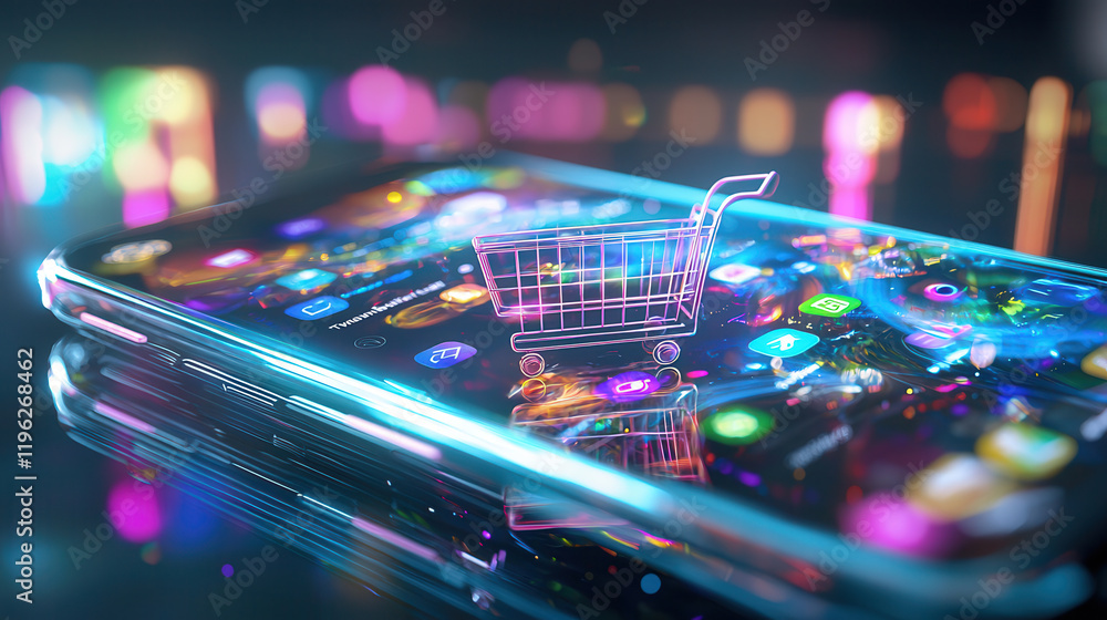 Poster futuristic smartphone interface displaying 3d shopping cart icon, showcasing vibrant app icons and c