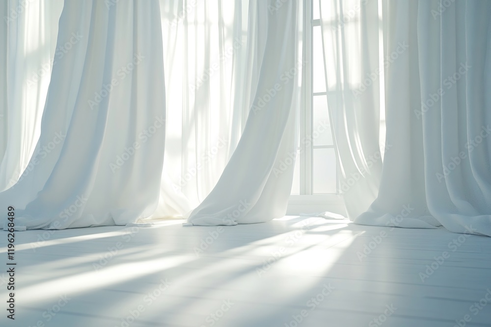 Poster sunlight streams through sheer white curtains in a room, illuminating the floor, creating a serene a