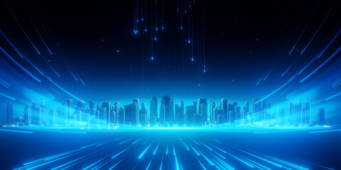 Futuristic Cityscape with Glowing Blue Lights