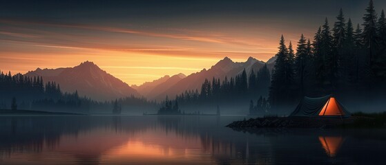 Scenic mountains with a tranquil lake and a glowing tent at sunset.