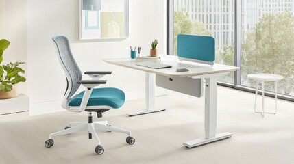 Modern Ergonomic Workspace: Teal Chair and White Standing Desk