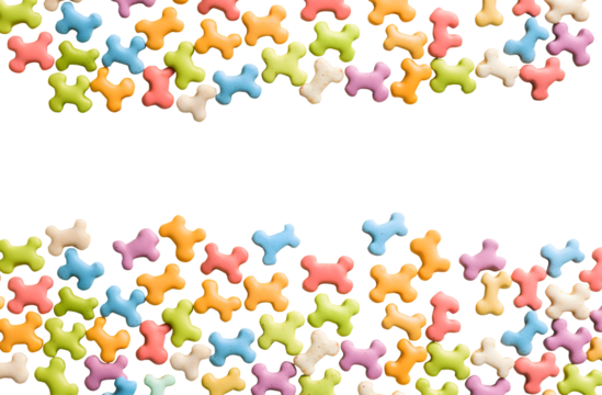 Colourful Bone shaped dog treats pet food biscuits scattered flat lay composition view on transparent background cutout PNG file. Mockup template for artwork. Wallpaper banner border