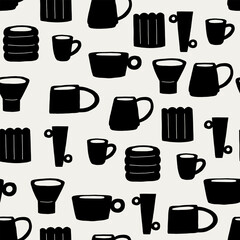 Black and White Silhouette Organic Pottery Ceramic Seamless Pattern. Various Handmade Decorative Vases Wallpaper. Vector Graphic Repeat Contemporary Background. Simple Surface Design for Print Art