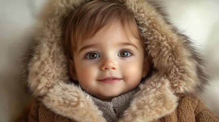 A joyful toddler in a cozy fur-lined coat, smiling warmly against a soft, neutral background