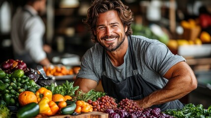 Obraz premium Smiling vendor at a vibrant market showcasing fresh fruits and vegetables with shoppers in the background