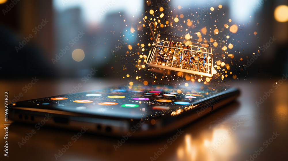 Poster sleek smartphone displaying colorful app icons with shopping cart hologram emerging, symbolizing mod