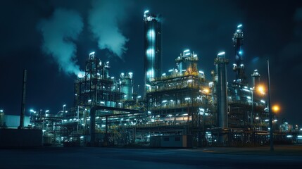 Fototapeta premium Nighttime Panorama of an Illuminated Petrochemical Refinery Complex