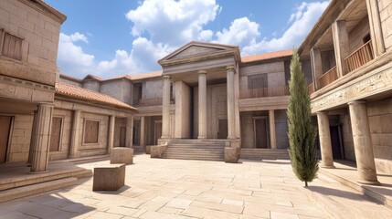 Obraz premium Ancient courtyard featuring classical architecture and stone structures.