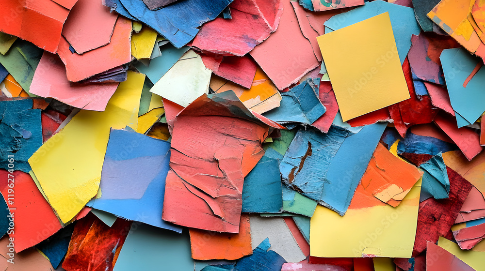 Poster a vibrant collection of colorful paint chips, showcasing a spectrum of hues and textures. the interp
