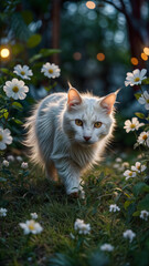 Majestic White Cat Strolling Through a Flower Garden at Sunset