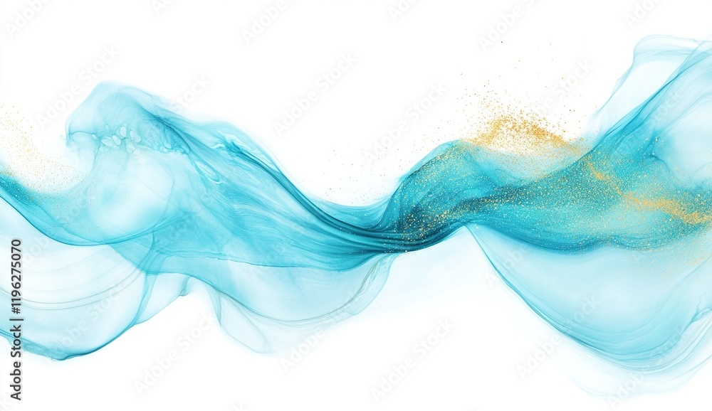 Poster fluid teal and gold abstract art: elegant swirls and spheres dance across canvas, creating a mesmeri