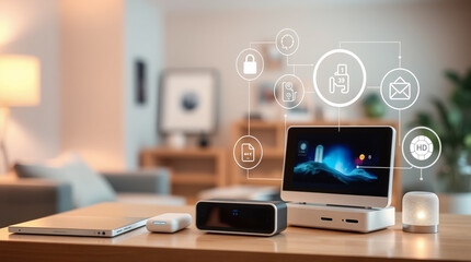Fototapeta premium Smart Home Security System Interface with Digital Icons Floating in Modern Living Room Interior with Connected Devices