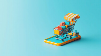 Fototapeta premium smartphone screen displays 3D shopping cart with colorful bags, symbolizing online shopping. vibrant colors evoke excitement and convenience