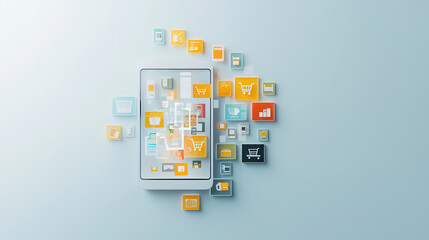 Fototapeta premium smartphone screen displays colorful 3D shopping icons, symbolizing online shopping. vibrant graphics create engaging shopping experience