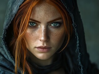 A captivating portrait of a young redhead woman, her intense gaze piercing the camera. She is enveloped in a dark hooded garment, adding to her mysterious appeal.
