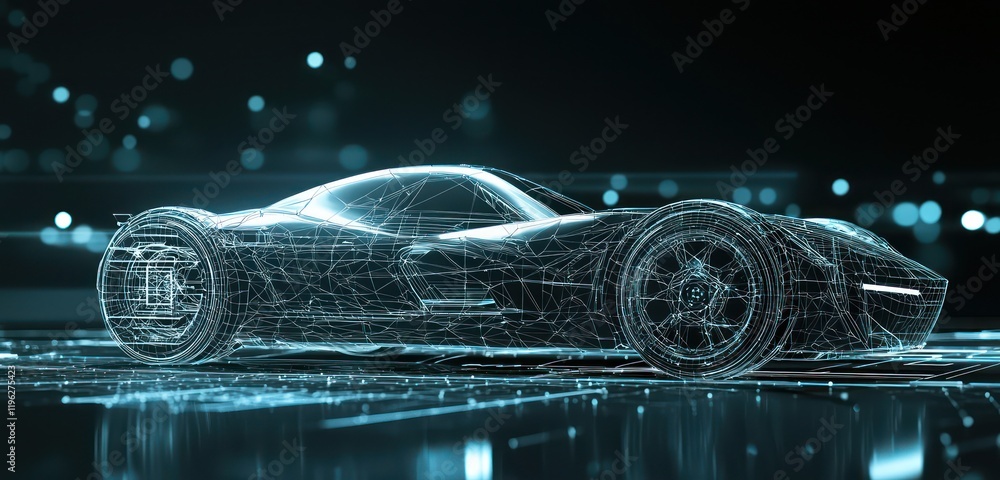 Poster conceptual wireframe display of an autonomous vehicle with sustainable tech.
