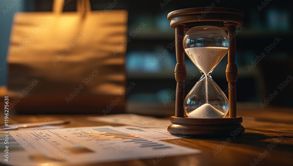 Poster time management: sandglass shows productivity, efficiency, and deadline with charts, improving workf