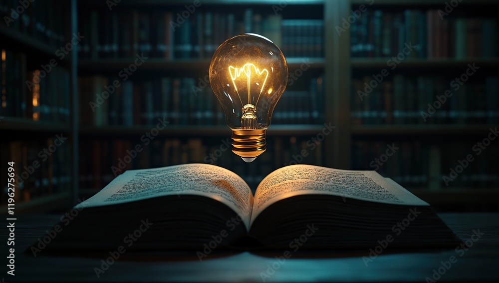Poster illuminating ideas: book pages gleam with glowing lightbulb, inspiring knowledge and wisdom in a lib