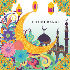 Obraz premium Colorful Eid Mubarak greeting card with elegant ornaments, flowers, mosque, and lanterns for IG posts.