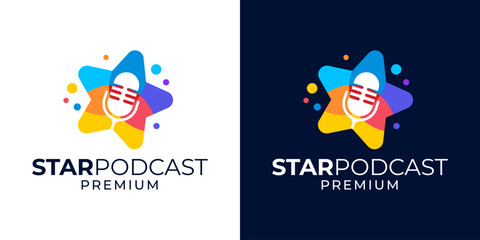 Star podcast logo design. Singer star logo design template. Podcast artist musician entertainment logo design template vector. Vector logo design template of star, podcast, microphone, media, music.