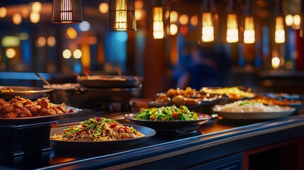 A vibrant buffet display featuring various dishes in a warm, inviting atmosphere.