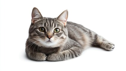 Fototapeta premium Adorable Gray Tabby Cat Resting Paws, Relaxed Pet, Soft Fur, Cute Kitten, Domestic Animal, Feline, Peaceful Mood, Whiskers, Green Eyes, Animal Portrait