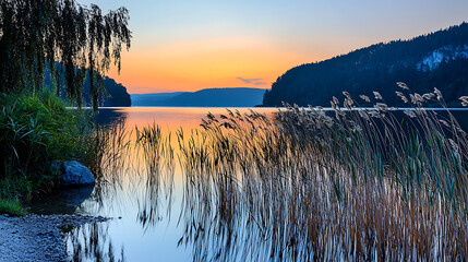 Fototapeta premium A lake with a beautiful sunset in the background. generated by AI