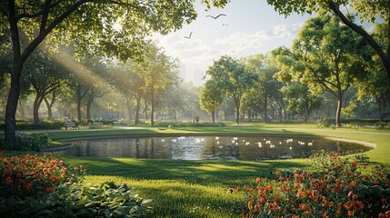 Obraz premium Serene park pond with ducks, sunlit trees, and flowers.