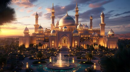 Naklejka premium Majestic Mosque at Sunset: Architectural Marvel in the Desert