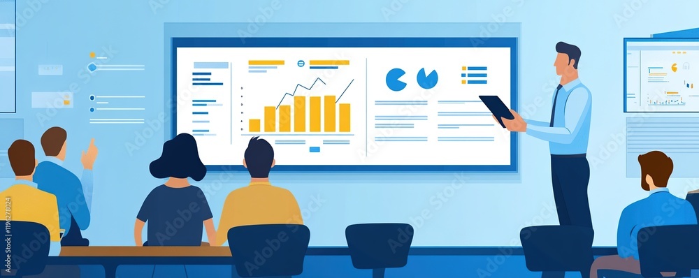 Poster data analyst presents business growth charts and key metrics to team effectively