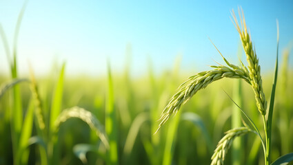 Ear of rice in rice field with blur sky background. Green paddy field, Rice plantation. Organic rice farm. Rice price in the world market concept. Beautiful nature of farm land. Paddy field. Plant