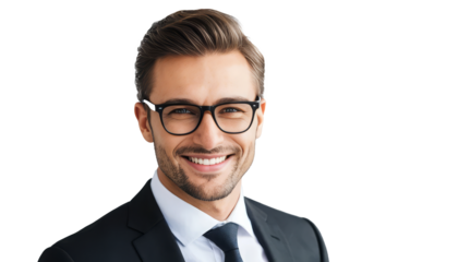 A photo of a smart businessman smiling with black suit and sun glass isolated on transparent background. Copy space.