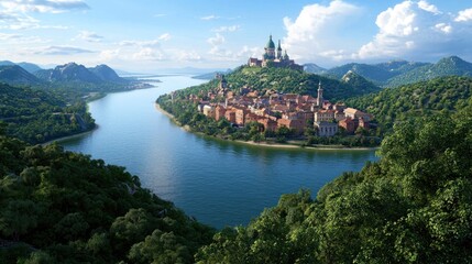 Fototapeta premium Picturesque River Town Landscape