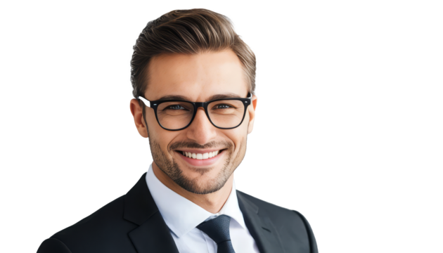 A photo of a smart businessman smiling with black suit and sun glass isolated on transparent background. Copy space.