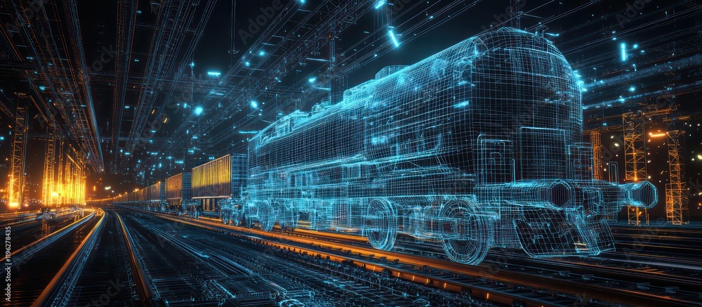 Poster digital logistics rail network in vr features a high-resolution wireframe freight train.