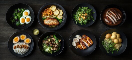 Overhead view eight healthy meal prep bowls on dark wood
