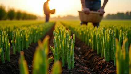 Pristine asparagus field at dawn, dewy green stalks under golden light, fertile soil, and rhythmic rows. A tranquil, fresh, and picturesque agricultural scene.