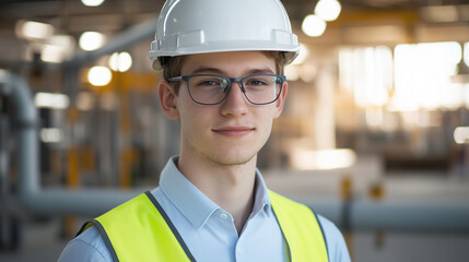 A young engineer wearing a white hard hat and glasses stands confidently in a bright industrial facility, showcasing professionalism and dedication to innovation.