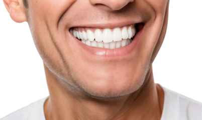 Close-up of a man smiling, showing white and clean teeth, isolated on transparent background