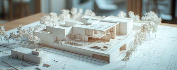 architect design working drawing sketch plans blueprints and making architectural construction model in architect studio,flat lay, Generative AI