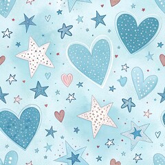 Seamless pastel blue pattern with hearts and stars
