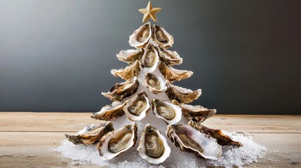 A unique holiday display with fresh oysters shaped into a festive Christmas tree on ice, set against a seasonal background.