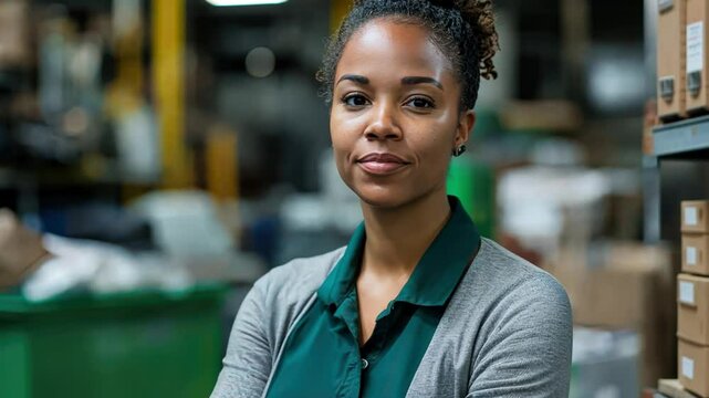 A woman researcher implements pollution prevention strategies, teaching businesses how to minimize waste and protect the environment