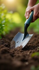 Gardening trowel, close-up of the handle and blade, resting on dirt