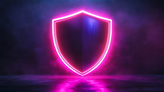A vibrant neon shield glows in the dark, symbolizing digital security and protection.
