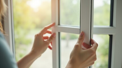 Hands opening window, close-up, delicate fingers on window handle