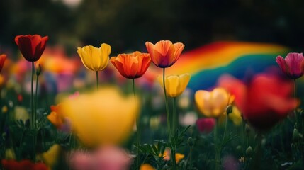 Naklejka premium A colorful pride garden bursting with rainbow flowers, symbolizing diversity and inclusion. Copy space for inspirational messages.